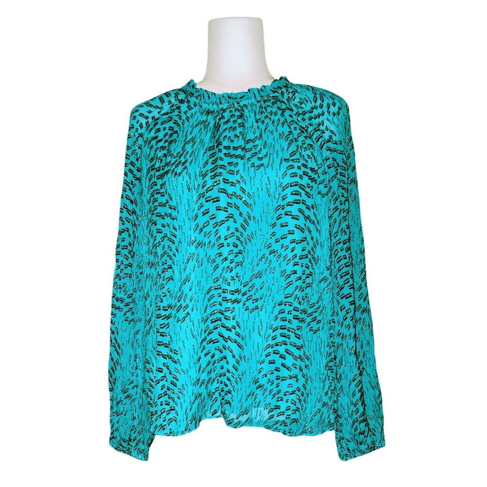 Lilly Pulitzer Teal Metallic Silk Blend Ruffle‎ Neck Blouse Womens Size Large